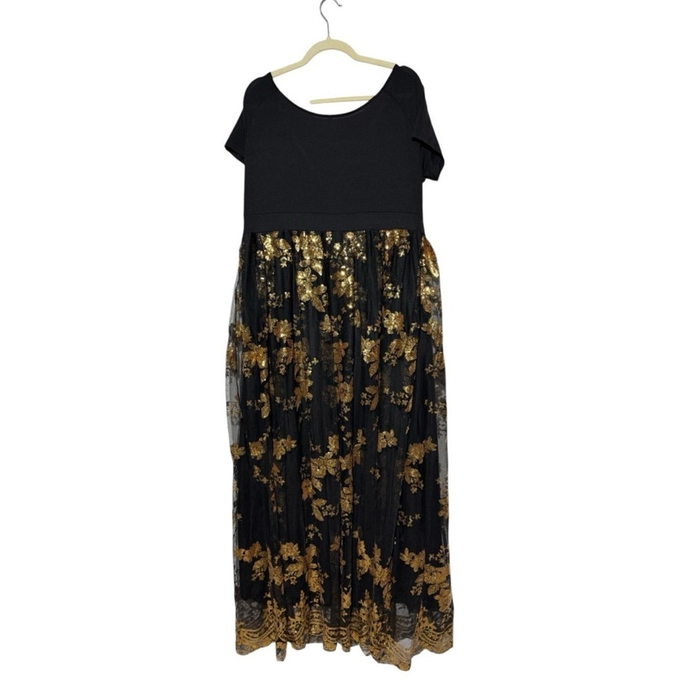 Gold Black Floral Maxi Dress Women Plus Size 2XL Festive Wedding Formal Ral - Picture 2 of 5